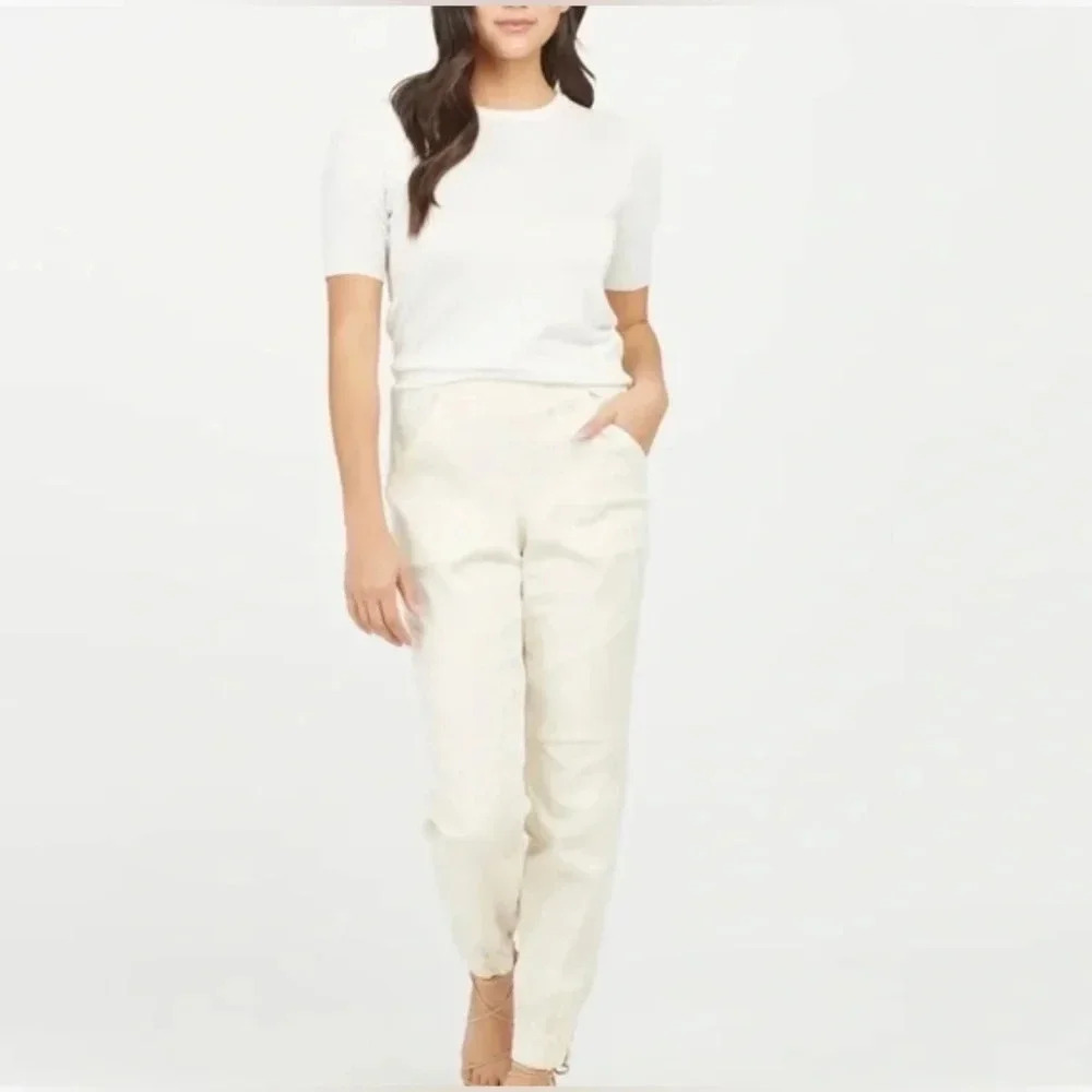 SPANX Stretch Mid‎ Rise Twill Joggers Ivory Pull-On Casual Pants Size Large